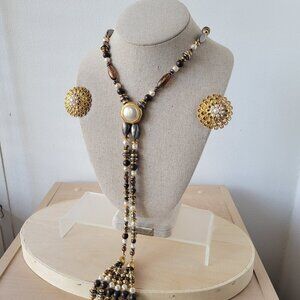 Baroque Natural White Faux Pearl Adjustable Necklace & Gold-plated Earrings